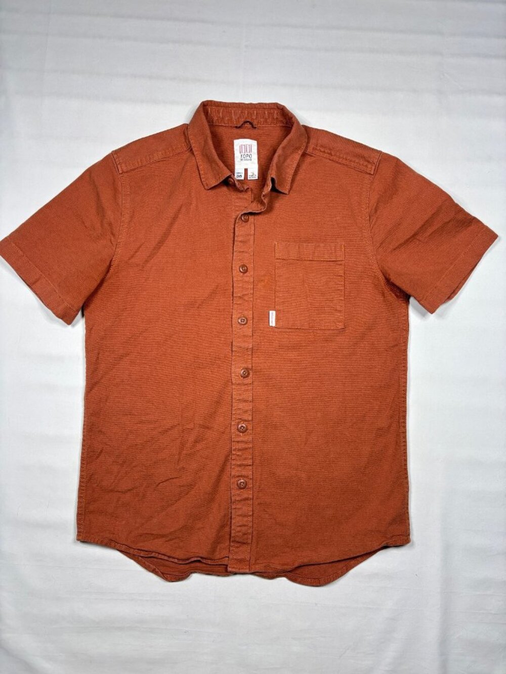 Topo Designs Dirt Shirt Mens 36 Brick Orange Canvas Stretch Button Up Fits SM